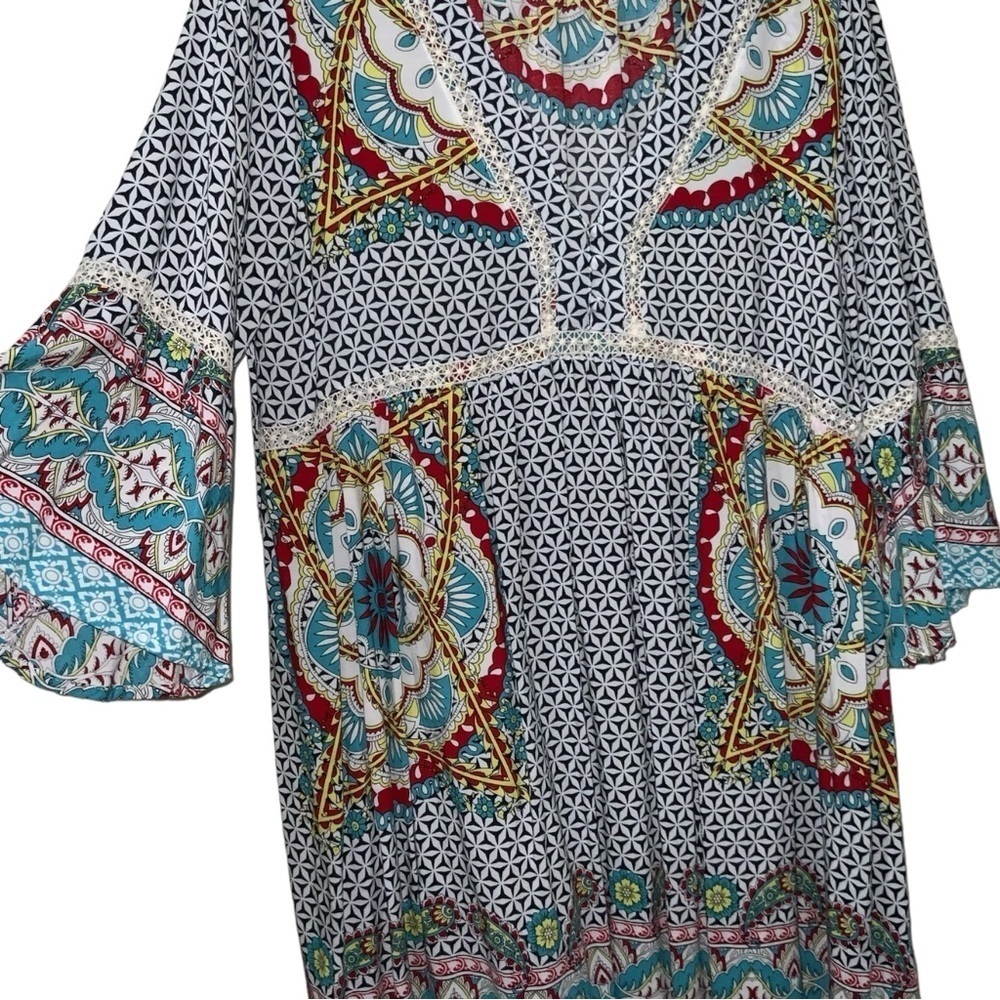 Umgee Medallion Tribal Print 3/4 Ruffle Sleeve Boho Dress Navy White Cream Aqua - Picture 2 of 7
